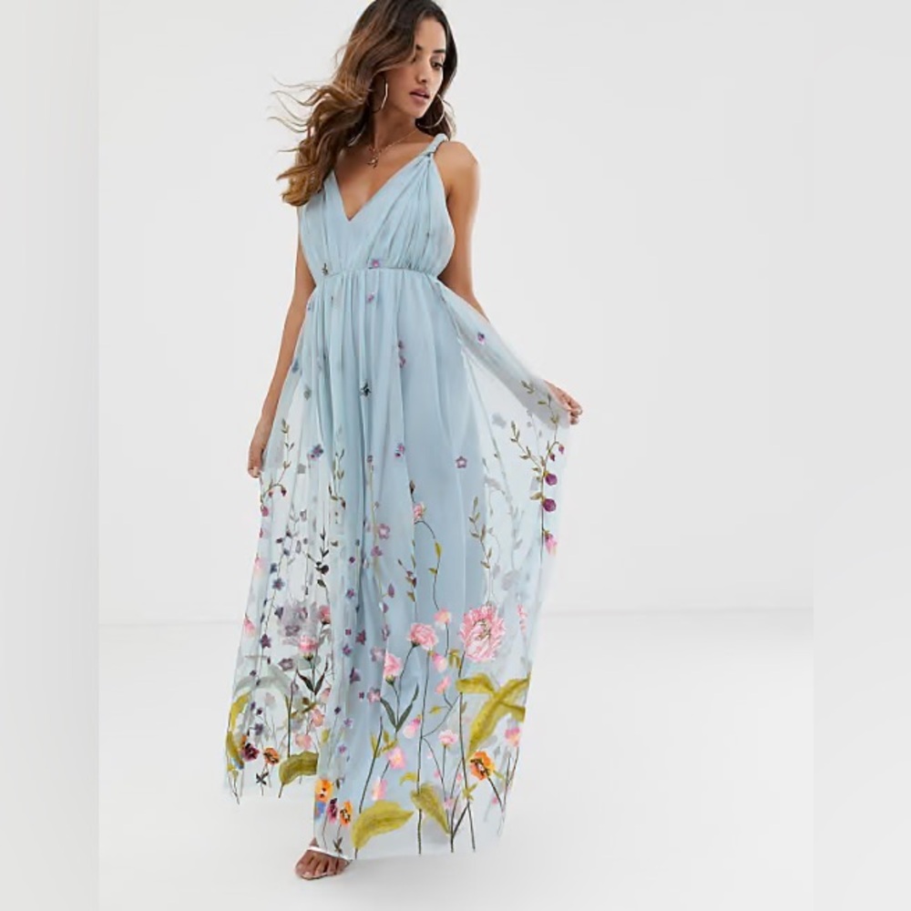 ASOS Women's Maxi Dress Cocktail Blue Embroidered Sheer Size 4